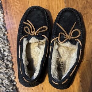 UGG Black Moccasin Slippers with Tan Laces